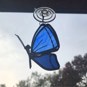 Handmade 3-D Two Tone Blue Stained Glass Butterfly Suncatcher Hanging Window Art